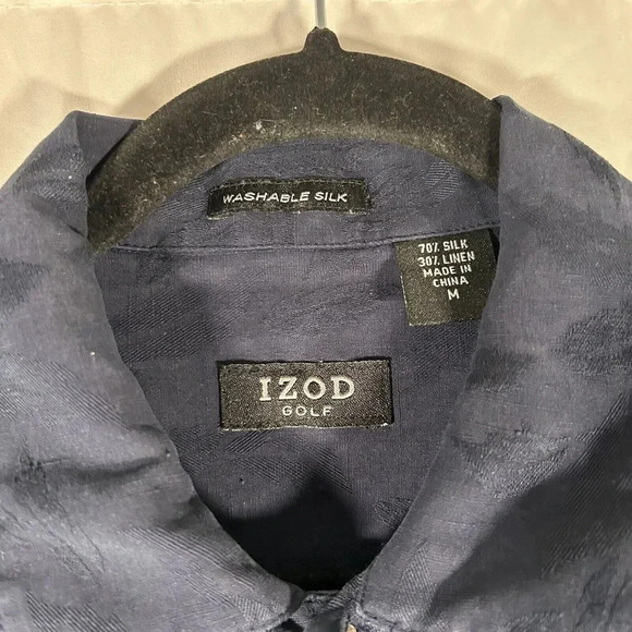 IZOD Golf Shirt Mens Medium Black Floral Silk Linen Blend Button Up - Picture 4 of 9